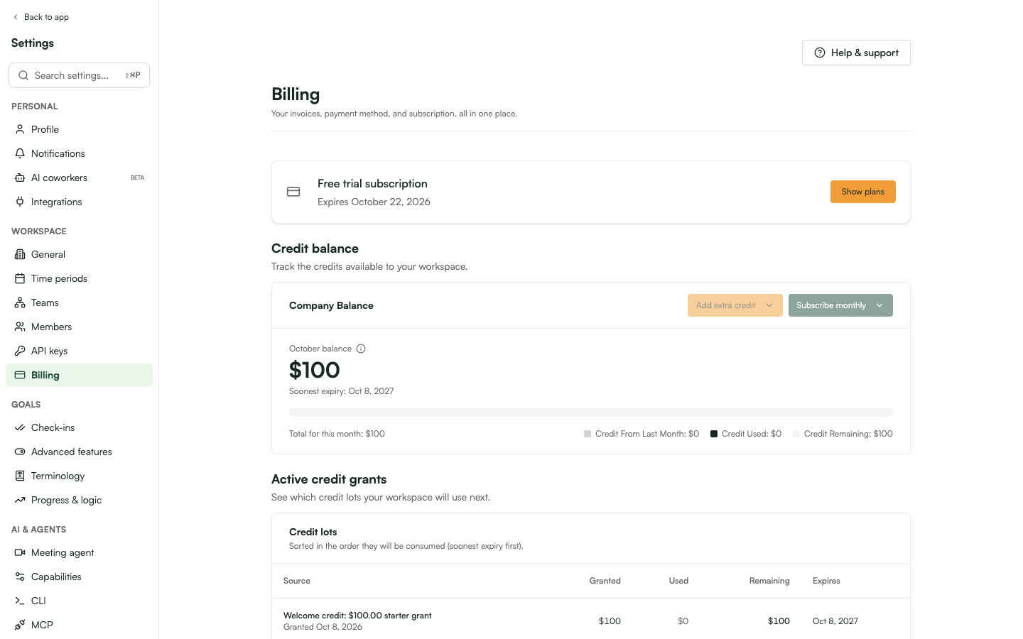 Billing settings with the free-trial subscription card, the company credit balance and the active credit grants.