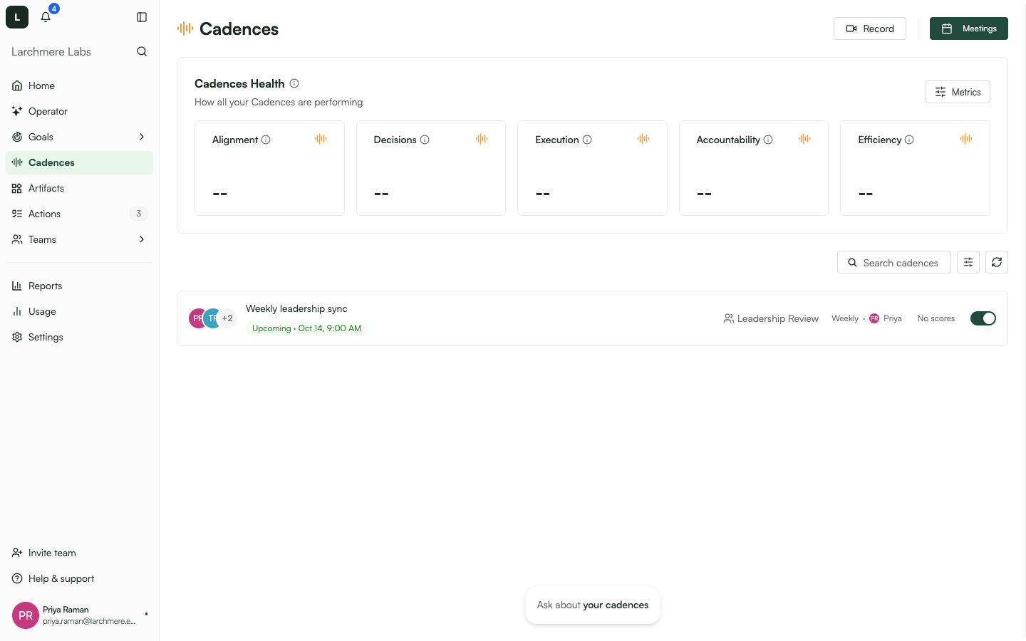 Cadences page with the Cadences Health panel up top and your cadences listed below it.