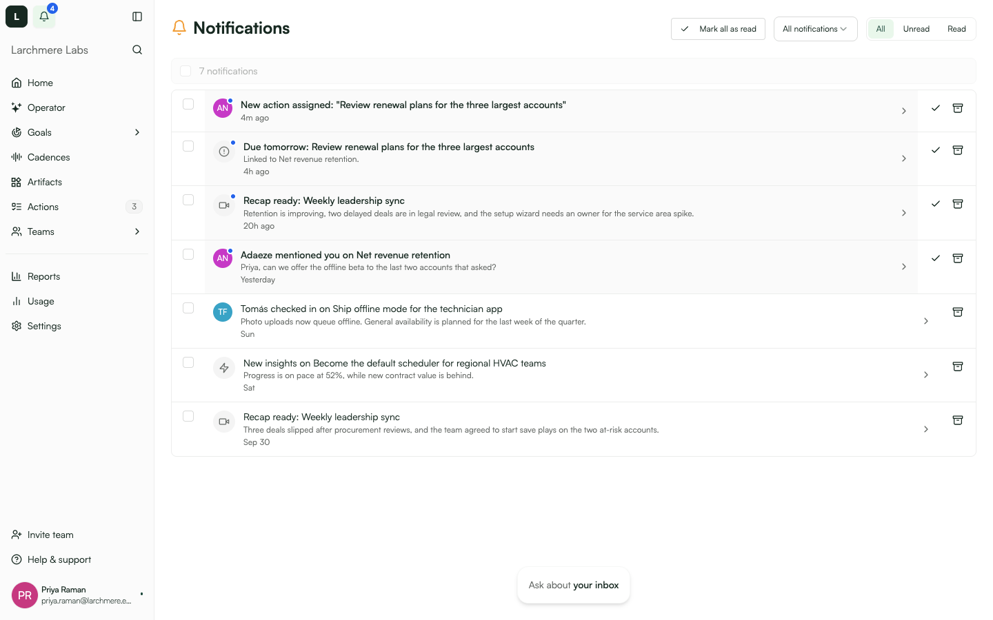 Notifications page with meeting-recap cards, the Mark all as read button, and the All/Unread/Read filter.