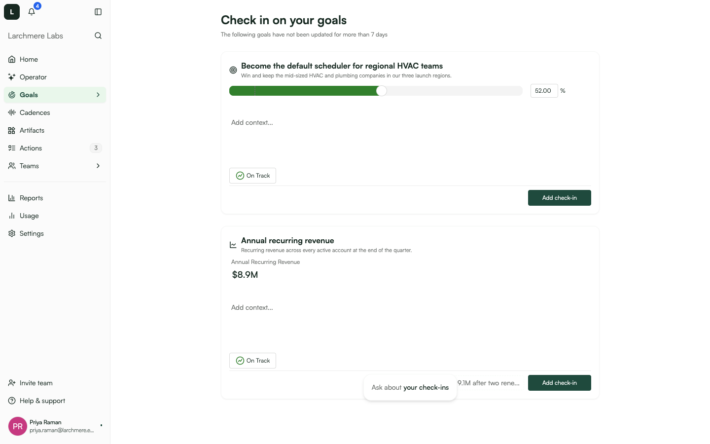 Check In page with stacked goal cards, inline value + context inputs, and status pills.