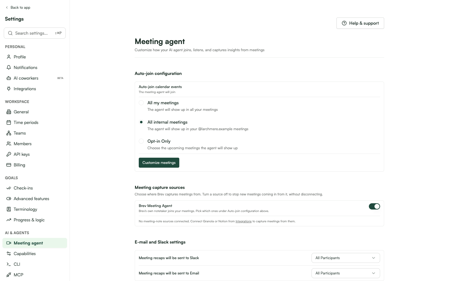 Meeting agent settings with auto-join radios, recap channel pickers, agent appearance, and calendar connection.