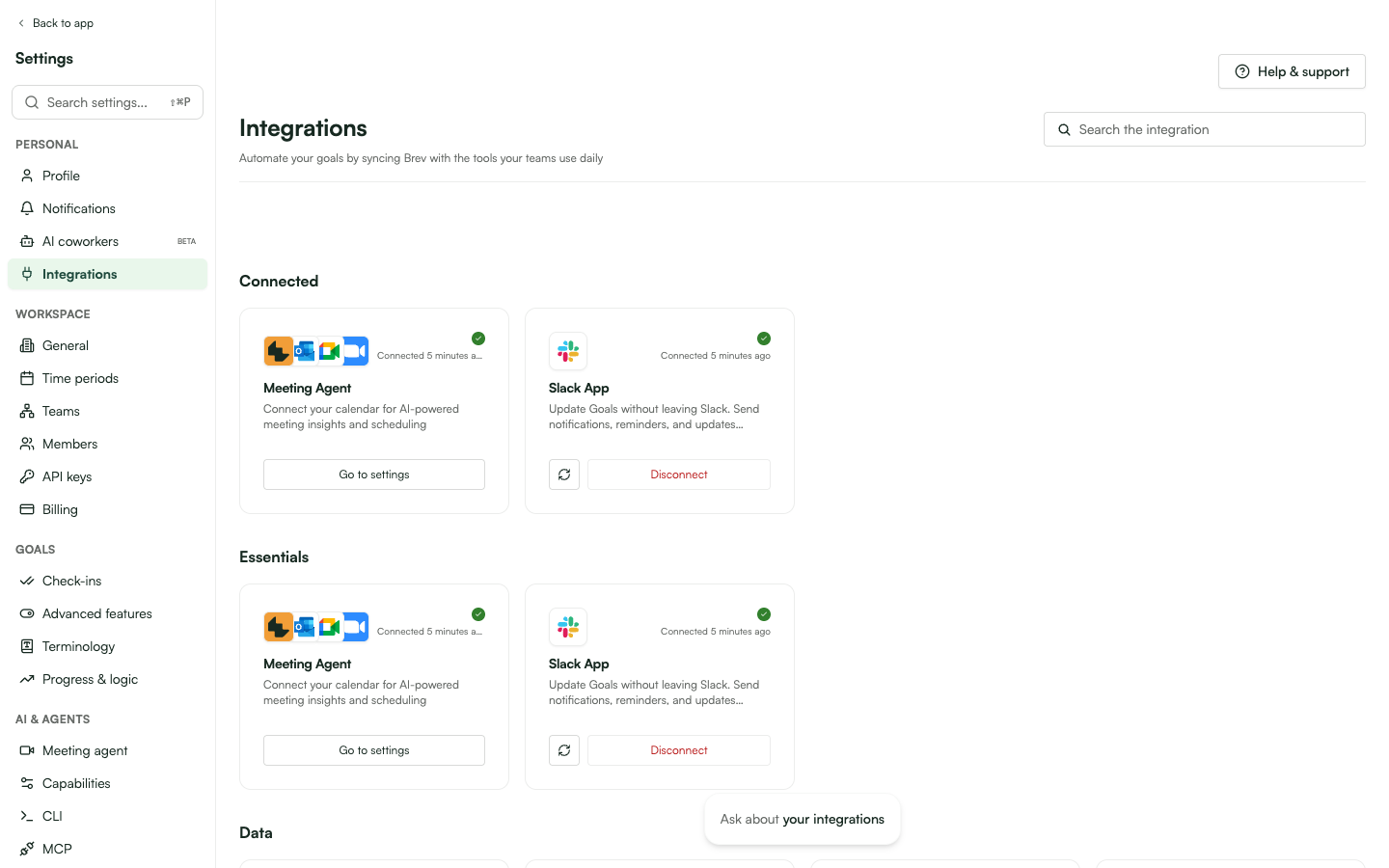 Settings > Integrations with connected and available integration cards.