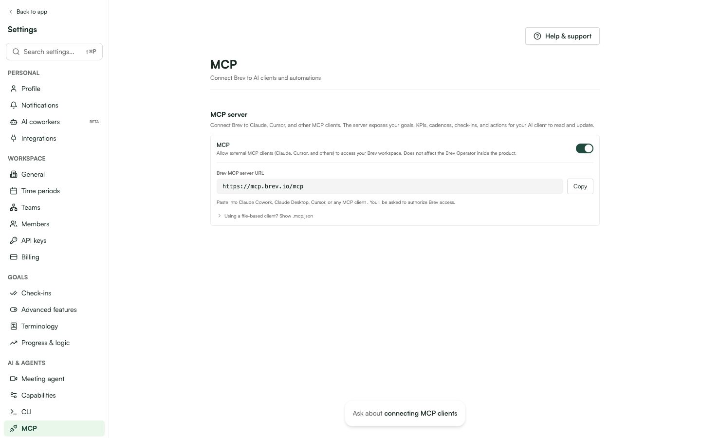 Settings > MCP with the MCP switch and the Brev MCP server URL to copy.