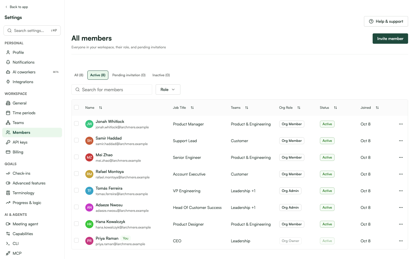 Member settings page with the Invite member button top-right and the searchable members table below.