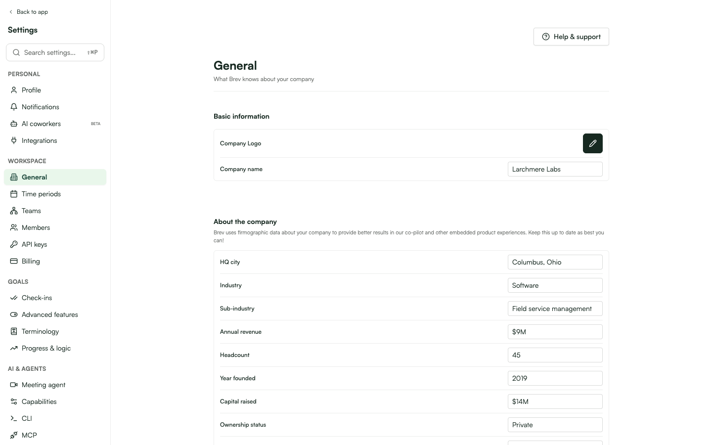 Workspace → General settings page showing the company profile's firmographic fields (HQ city, industry, revenue, headcount, etc.).