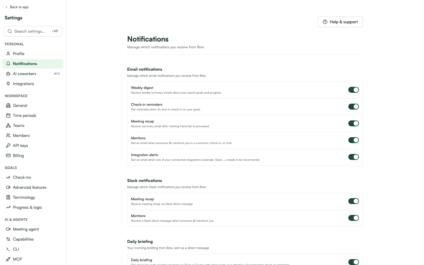 Settings > Notifications with the email, Slack and daily briefing switches.