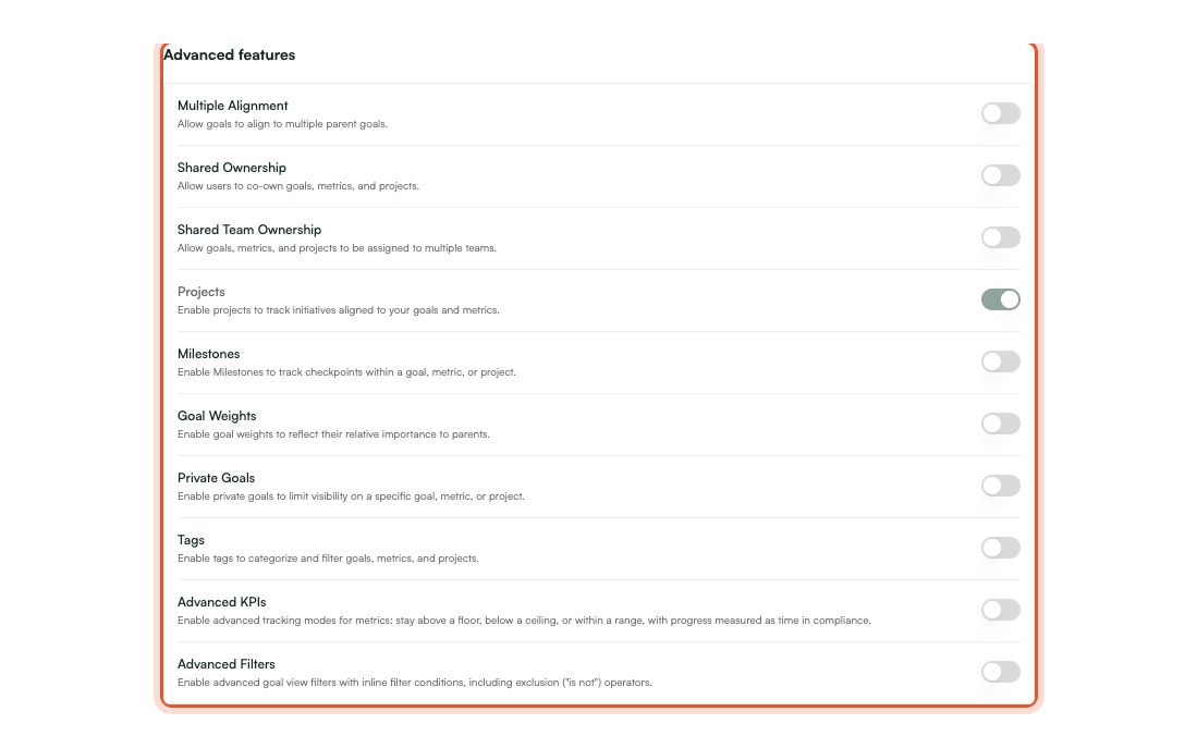 The Advanced features section of Product settings, ringed for emphasis: the toggles for Multiple Alignment, Shared Ownership, Goal Weights, Private Goals, and Tags.