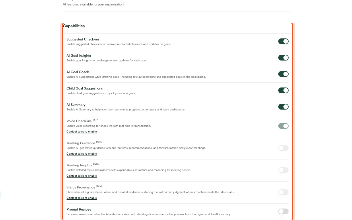 The Brev AI section of Product Settings, ringed for emphasis: the AI capability switches and the by-request meeting analysis rows.