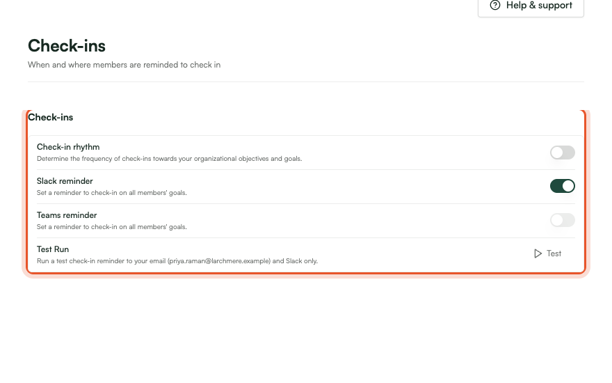 The Check-in reminders section of Product settings, ringed for emphasis: the check-in rhythm toggle and day/time picker, the email, Slack, and Teams reminder rows, and the Test Run button.