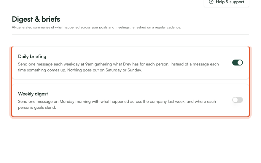 The Digests & briefs section of Product settings, ringed for emphasis: the Daily briefing and Weekly digest toggles.