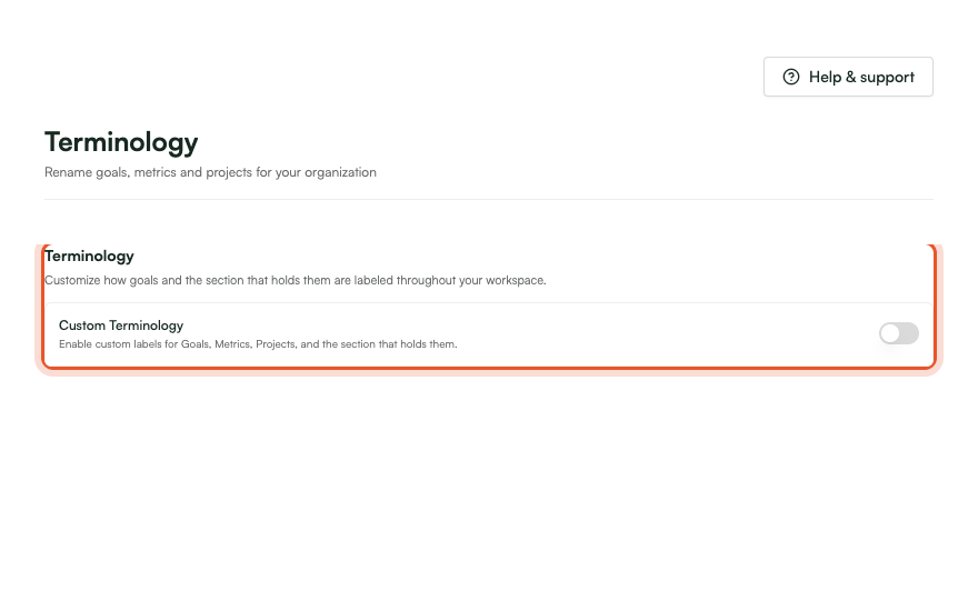 The Terminology section of Product Settings, ringed for emphasis: the Custom Terminology toggle and the relabeling fields.