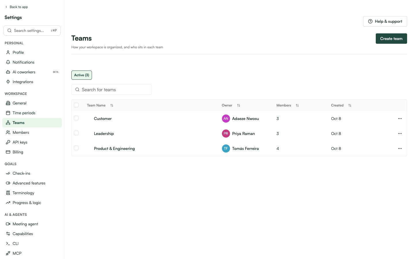 Team settings page showing teams in a table with Team Name, Owner, Members and Created columns and a 'Create team' button.