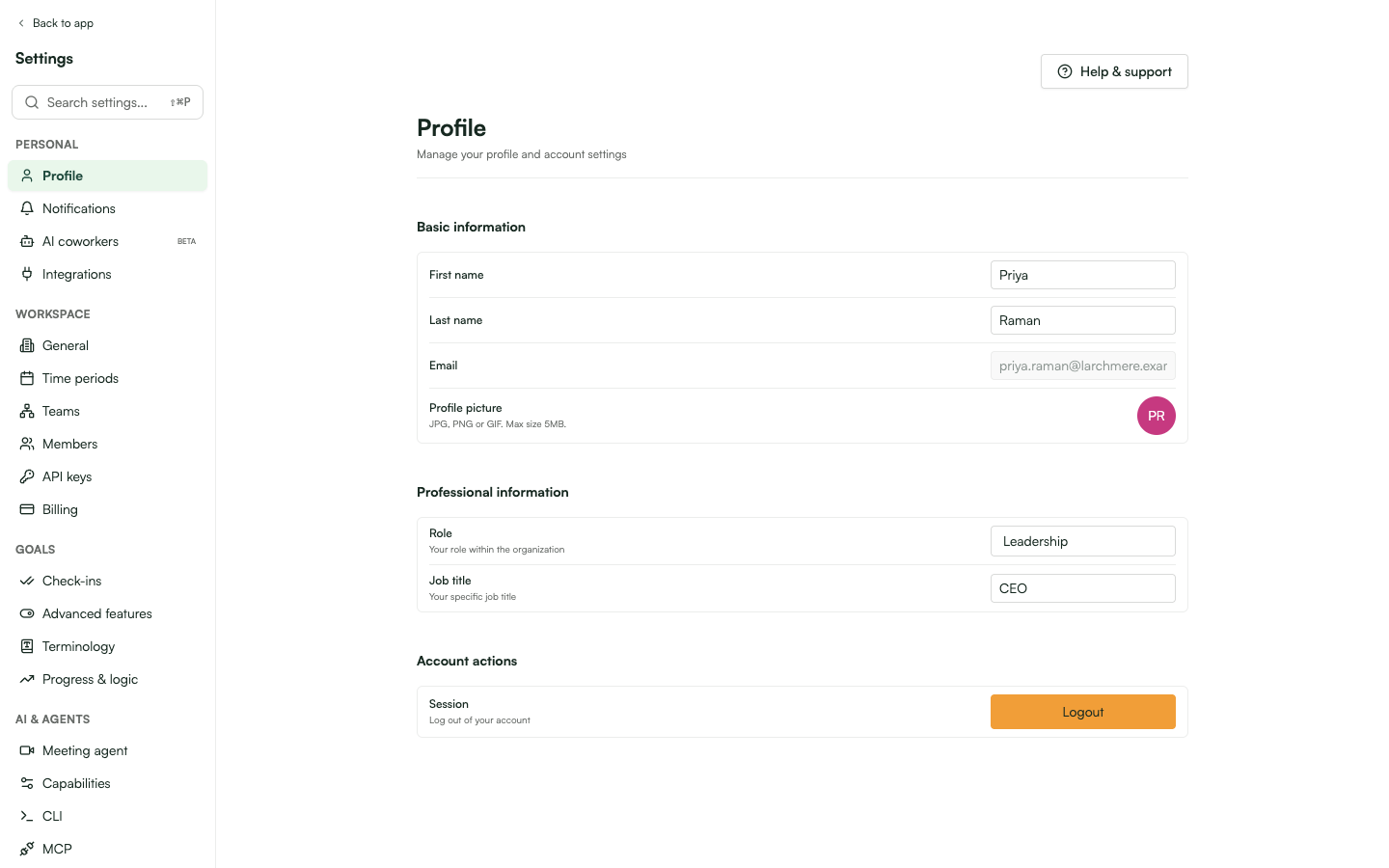Settings > Profile with basic information, role and job title, and the Logout action.
